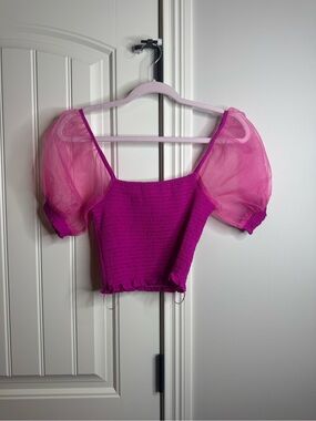 TCEC Magenta Smocked Crop Top with Sheer Puff Sleeves
